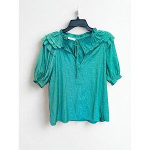 Current Air Green Ruffle Collar Blouse Women's Size Fairy Puff Sleeve Boho Top S